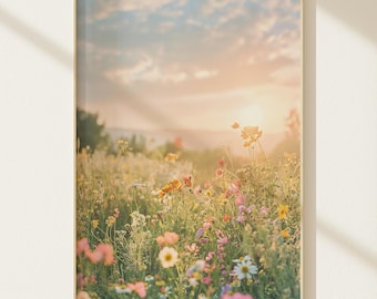 Wildblumen Kunst Download, Sonnenuntergang Wildblumen Kunst, Bauernhaus Wandkunst, Cottagecore Kunst, digitaler Download, Gartenkunst, Landschaft druckbare