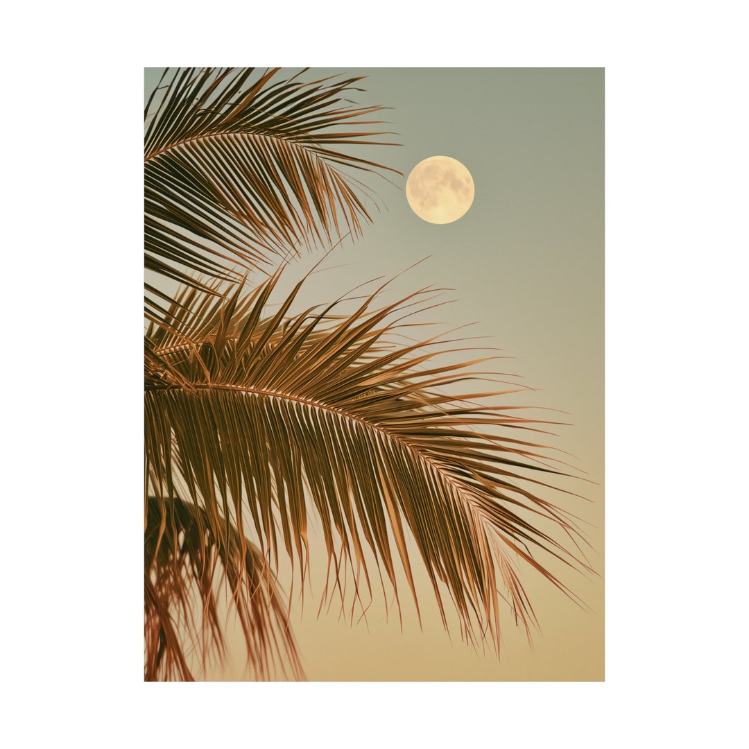 Retro Beach Poster, Palm Tree Moon Art Print, Retro Palm Tree Wall Art, Sunset Beach Art, Beach ...