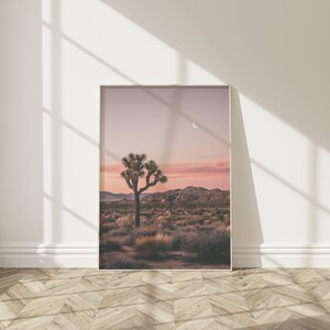 May include: A framed photograph of a desert landscape with a single Joshua tree in the foreground. The sky is a soft pink and purple, with a crescent moon visible in the upper right corner.