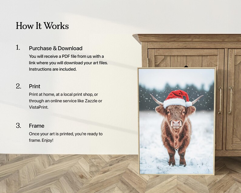 May include: A framed print featuring a Highland cow wearing a Santa hat, set against a snowy backdrop. The artwork is displayed next to a wooden cabinet. The text on the left side of the image reads "How It Works".