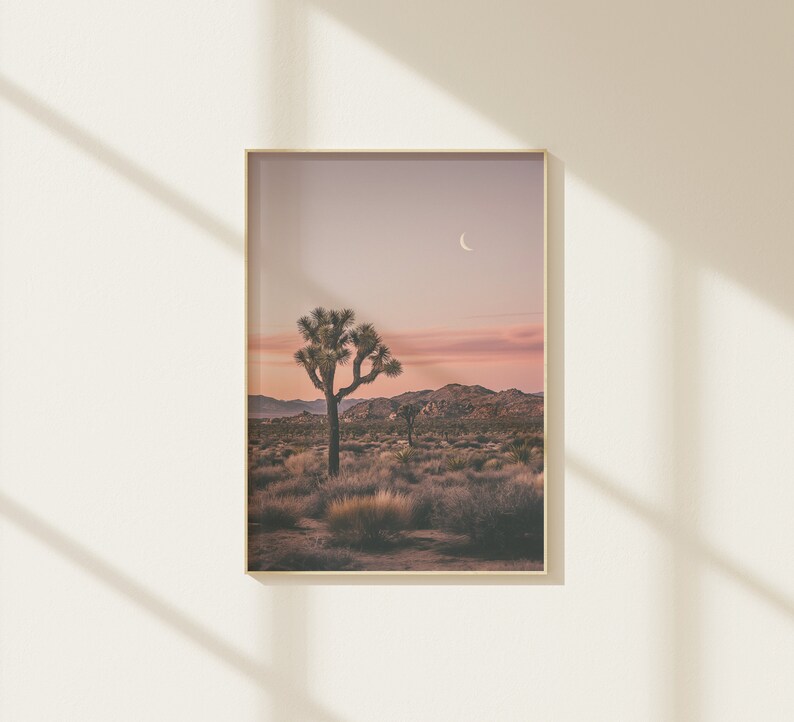 May include: A framed photograph of a desert landscape with a single Joshua tree in the foreground. The sky is a soft pink and purple, with a crescent moon visible in the upper right corner.