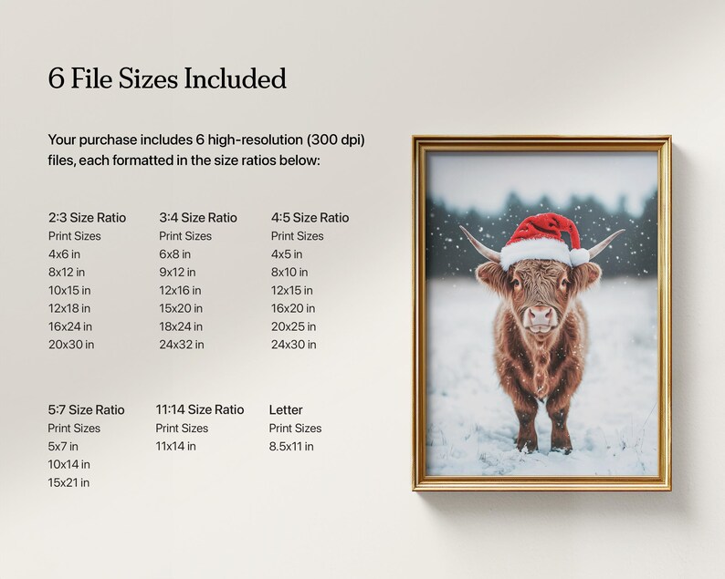 May include: A framed print featuring a Highland cow wearing a red Santa hat, standing in a snowy field. The print is in a gold frame. The image includes text indicating the available print sizes, such as 4x6 inches, 8x12 inches, and 10x15 inches.