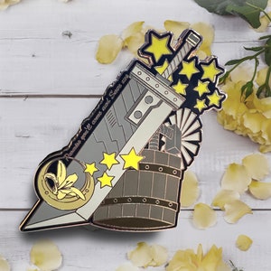 May include: A gold and silver enamel pin featuring a sword, a bucket, and a flower. The sword has the text "Remember you'll come and save the day" on it. The pin is surrounded by yellow stars.