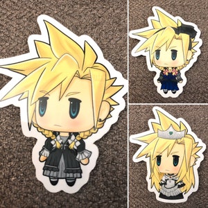 May include: Two cartoon stickers of a blonde character with spiky hair, wearing a black dress and a white collar. The character on the left has blue eyes and a serious expression. The character on the right has brown eyes and a more cheerful expression.
