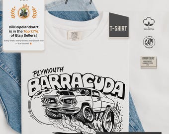 Vintage Plymouth Barracuda Comfort Colors 1717 T-Shirt, Retro Muskelauto Shirt, Geschenk für Jungs, klassische Mopar Kleidung, Bill Copeland Art