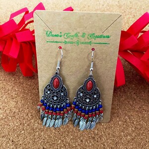 Red, blue and silver Dangling Earrings. Silver Metal Hangs 2.5 inches long. Casual Earrings. Statement Earrings. Gift for her .