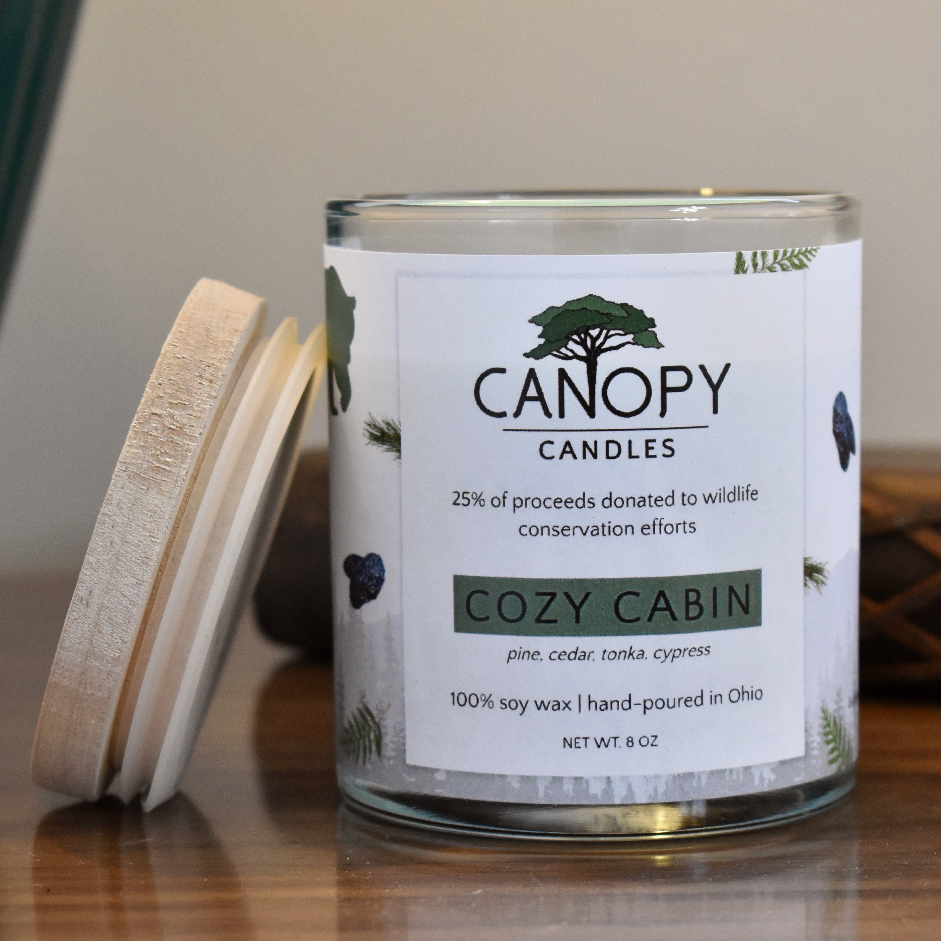 Cozy Cabin 8oz Soy Wax Candle for Wildlife Conservation Pine Canopy