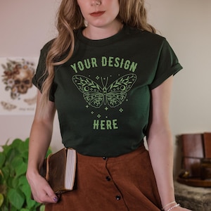 Gildan 5000 Mockup Gildan Mockup Gildan 5000 Forest Green Shirt Mockup Gildan Dark Academia Mockup Model Mockup Fall Mockup Halloween Mockup
