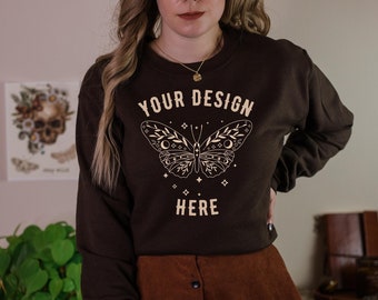 Gildan 18000 Mockup 18000 Dark Chocolate Mockup Dark Chocolate Sweatshirt Gildan Sweatshirt Mock Up Dark Academia Mockup Boho Mockup Fall