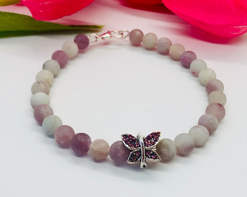 Bracelets For Girls Lobster Claw Closure Matte Lilac Jasper Beads Butterfly Charm Bracelet Handmade Jewelry