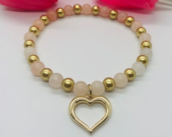 Heart Charm Beaded Stretch Bracelet For Women, Pink Opal Beads, Gold Tone Beads, Handmade Jewelry
