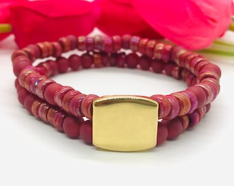 Boho Pink Beaded Bracelet For Women, Gold Tone Focal Bead,  Handmade Jewelry