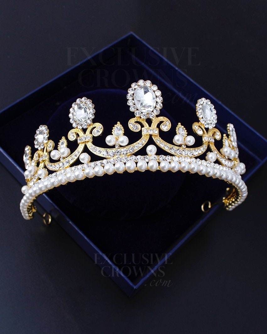 Gold With Pearls Rhinestone Tiara Etsy
