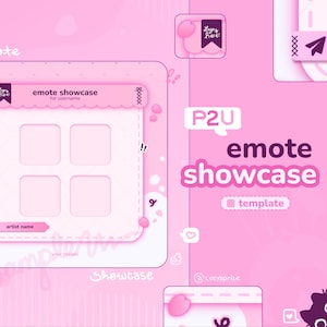 Puede incluir: Plantilla digital rosa para una exhibición de emoticonos, con un área de visualización central con cuatro cuadrados. El diseño incluye el texto "emote showcase for username" y "artist name", junto con corazones decorativos y la palabra "Showcase".