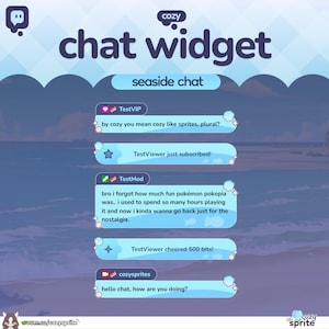 May include: A digital chat widget overlay titled seaside chat featuring light blue speech bubbles with white shell accents. The interface displays sample messages from TestVIP, TestViewer, TestMod, and cozysprites against a beach background.