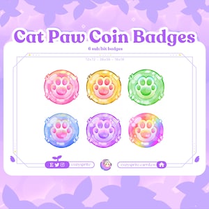 Puede incluir: Seis insignias de monedas de pata de gato coloridas con un esquema de colores arcoíris, rosa, morado, verde, amarillo y azul. Las insignias son redondas y tienen un contorno blanco. El texto "Cat Paw Coin Badges" está en la parte superior de la imagen. El texto "6 sub/bit badges" está debajo del título. El texto "72x72 - 36x36 - 18x18" está debajo de la descripción de las insignias. El texto "cozy.sprite.carrd.co" está en la parte inferior de la imagen.