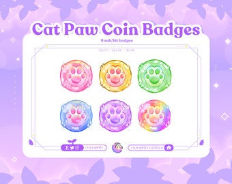 May include: Six colorful cat paw coin badges with a rainbow, pink, purple, green, yellow, and blue color scheme. The badges are round and have a white outline. The text "Cat Paw Coin Badges" is at the top of the image. The text "6 sub/bit badges" is below the title. The text "72x72 - 36x36 - 18x18" is below the badge description. The text "cozy.sprite.carrd.co" is at the bottom of the image.