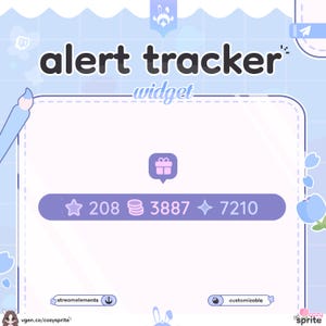 May include: A light blue digital graphic with the words "alert tracker" and "widget" in a playful font. The graphic includes a purple bar with numbers and icons, a gift icon, and the text "streamelements" and "customizable".