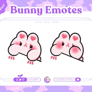 Puede incluir: Dos emojis de conejito rosa animados con corazones rojos en la cabeza y mejillas rosadas. Los emojis están en un estilo de dibujos animados y tienen una expresión linda.