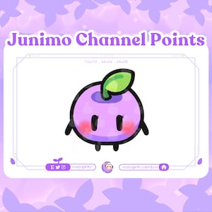 Peut inclure: Un personnage Junimo violet avec une feuille verte sur le dessus, rougissant avec des joues roses. Le Junimo est un personnage du jeu vidéo Stardew Valley. Le texte "Junimo Channel Points" est en haut de l'image.