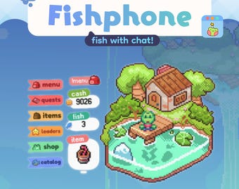 Op de afbeelding: Een digitale pixel art interface genaamd Fishphone voor Twitch met een kikkerfiguur op een houten steiger bij een vijver. De lay-out bevat menuknoppen voor quests, items, leaders, shop en catalogus, met een kassaldo van 9026 en 3 vissen.