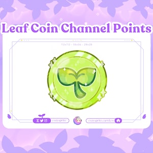 May include: A green leaf coin channel point with a shiny gold border and sparkles. The coin is on a white background with a light purple border.