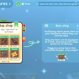 May include: A digital game interface with a frog mascot. The interface displays a shop with items like sushi, a fortune rod, and a golden lure. The text reads "toad stop shop" and "item shop".