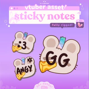 Puede incluir: Gráfico de arte digital de notas adhesivas con forma de ratón con detalles de queso. Las notas muestran expresiones y texto, incluyendo "3", "ANGY" y "GG". El fondo es un púrpura suave con el texto "vtuber asset! sticky notes fully rigged!"