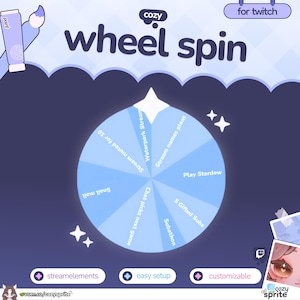 May include: A digital wheel spin graphic for Twitch featuring a light blue wheel divided into eight segments with text labels including Play Stardew, 5 Gifted Subs, Subathon, Chat picks next game, Snail mail, Stream muted for 10, and Waterpark Stream.