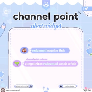 Peut inclure: Graphique bleu clair avec le texte "channel point" et "alert.widget". Il présente deux options de rachat : "redeemed catch a fish" et "cozysprites redeemed catch a fish". L'image comprend les icônes streamelements et personnalisables.