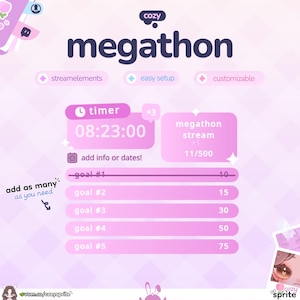 May include: A digital overlay for a livestream titled cozy megathon, featuring a timer set to 08:23:00, a progress tracker for a megathon stream at 11/500, and a list of five goals. The interface uses a light purple color palette with text labels.