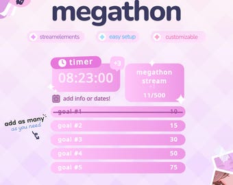 May include: A digital overlay for a livestream titled cozy megathon, featuring a timer set to 08:23:00, a progress tracker for a megathon stream at 11/500, and a list of five goals. The interface uses a light purple color palette with text labels.