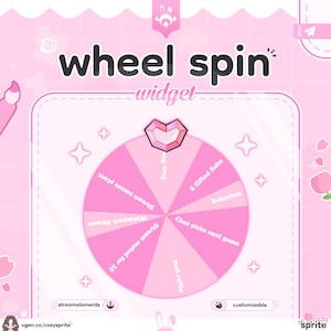 Pode incluir: Um widget de roda giratória rosa e branco com o texto "wheel spin" e "widget". A roda é dividida em segmentos com opções como "Stream names plant" e "Chat picks next game". O widget é personalizável.
