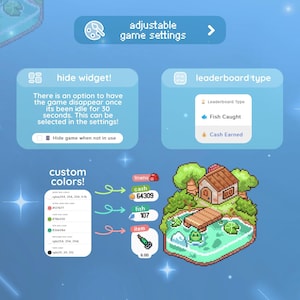 May include: A digital game interface with adjustable settings. Features include options to hide the widget, customize colors, and select leaderboard types like "Fish Caught" or "Cash Earned." A pixelated scene depicts a house, pond, and item display.