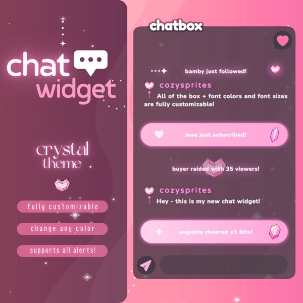 Crystal Chat Widget | Customizable Colors, Cute Chat, Elegant Theme | Pastel Pink | Chat Box  and Alerts for Twitch Streams