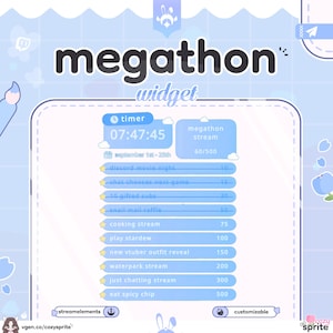 May include: A light blue digital widget with the word "megathon" at the top. The widget displays a timer, stream progress, and a list of activities with associated point values. The text "streamelements" and "customizable" are also visible.