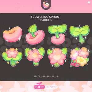 May include: A set of eight digital badges featuring a pink bean sprout with green leaves and a pink flower with green leaves. The badges are in various sizes: 72x72, 36x36, and 18x18 pixels. The text "FLOWERING SPROUT BADGES" is at the top of the image.