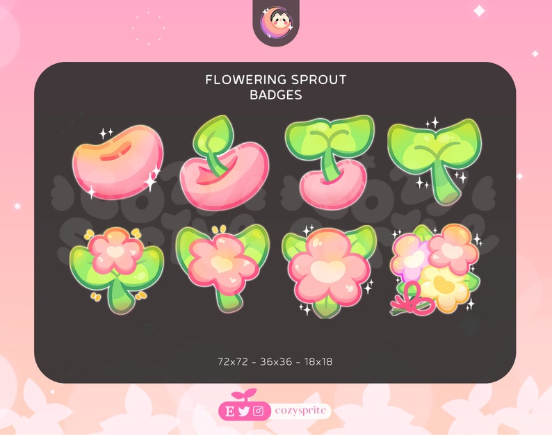 May include: A set of eight digital badges featuring a pink bean sprout with green leaves and a pink flower with green leaves. The badges are in various sizes: 72x72, 36x36, and 18x18 pixels. The text "FLOWERING SPROUT BADGES" is at the top of the image.