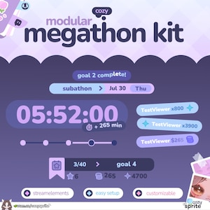 May include: A digital modular megathon kit overlay in shades of purple and lavender. It features a countdown timer at 05:52:00, a goal 2 complete status, progress bars, and text labels including subathon, Jul 30, Thu, TestViewer, and goal 4.