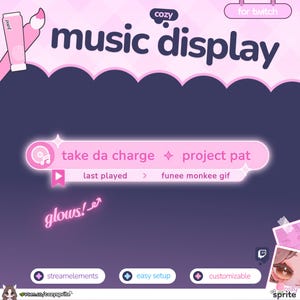 Puede incluir: Una superposición de pantalla de música digital para Twitch con una paleta de colores rosa suave y morado oscuro. El diseño incluye el texto music display, take da charge, project pat, last played, funee monkee gif, glows, streamelements, easy setup y customizable.