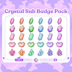 Puede incluir: Un conjunto de 24 insignias de subcristalinas coloridas en varias formas, que incluyen un corazón, un rectángulo y un grupo de cristales. Las insignias están dispuestas en filas de 8, con cada fila presentando un color diferente.