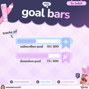 Puede incluir: Un conjunto de gráficos digitales para Twitch con barras de objetivos sobre un fondo a cuadros violeta claro y blanco. El texto dice cozy goal bars for twitch, tracks all alerts, subscriber goal 44/100, donation goal 73/100, streamelements, easy setup y customizable.