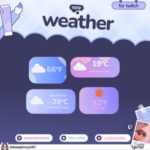 May include: A digital weather overlay for Twitch featuring four rounded rectangular panels in pastel blue and purple gradients. The panels display weather icons, temperatures in Fahrenheit and Celsius, and text including cozy weather, for twitch, streamelements, easy setup, and customizable.