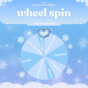 Op de afbeelding: Een blauw en wit rad van fortuin spel met opties zoals "Stream gedempt voor 10", "Chat kiest het volgende spel", "Waterpark Stream", "Stream noemt plant", "5 Gifted Subs", "Subathon" en "Speel Stardew Valley".