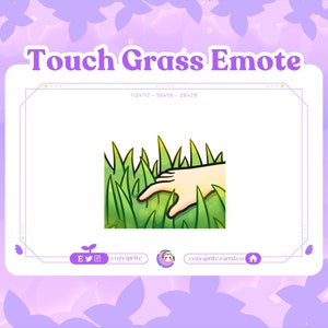 May include: A hand reaches out to touch a patch of green grass. The grass is drawn in a cartoon style with individual blades.