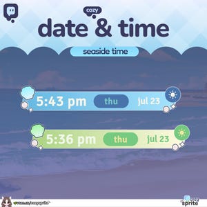 Puede incluir: Un gráfico digital superpuesto con el texto cozy date & time y seaside time. Muestra dos barras horizontales que indican 5:43 pm y 5:36 pm, el día thu y la fecha jul 23, decoradas con iconos de conchas marinas y soles en azul y verde.