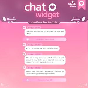Sleek Chat Widget | Customizable Colors, Cute Chat, Minimal Theme | Pastel Pink | Chat Box  and Alerts for Twitch Streams