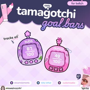 May include: Digital graphic overlay featuring two Tamagotchi-style goal bars for Twitch. One purple unit labelled subs with 67/100 progress, and one pink unit labelled donos with 43/100 progress. Includes text elements cozy tamagotchi goal bars.