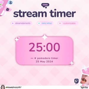 Pomodoro Timer Widget | Customizable Colors, Cute Chat, Elegant Theme | Pastel Pink | Chat Box  and Alerts for Twitch Streams