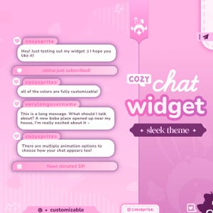 Widget de chat elegante / Colores personalizables, chat atractivo, tema minimalista / Rosa pastel / Cuadro de chat y alertas para transmisiones de Twitch